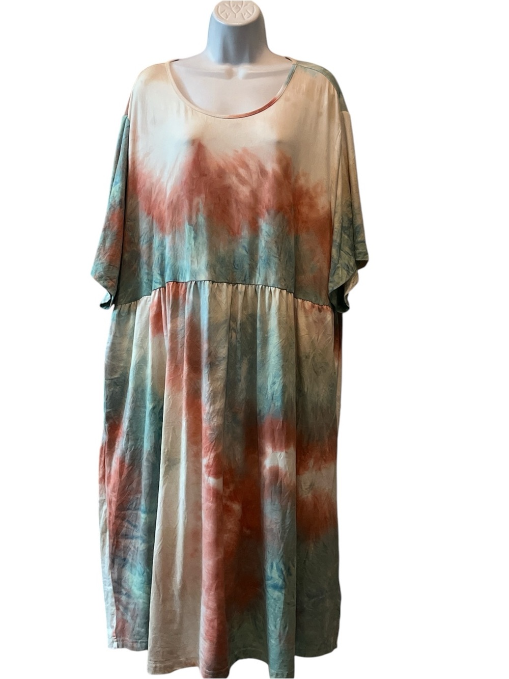 BloomChic Scoop Neck Tie-Dye Dress in Teal & Rust